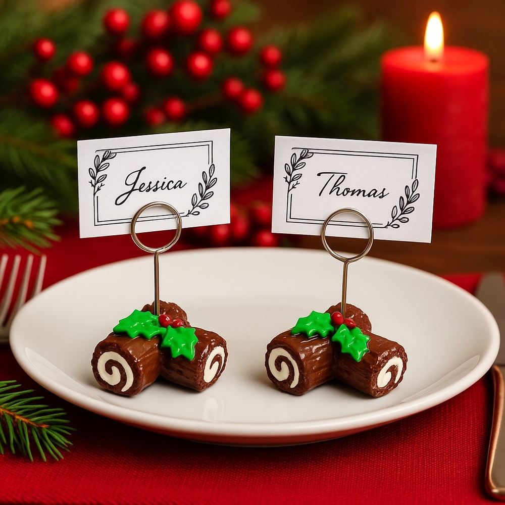 Yule Log Christmas Place Card Holders – Handmade (Set of 2) Buche de Noël